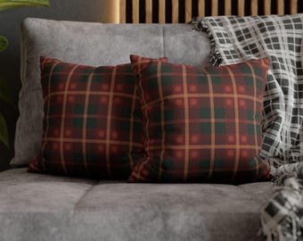 Federa per cuscino natalizio a quadri verde scuro e rosso / Cuscino in finta pelle scamosciata 14x14 / Decorazione natalizia in tartan rosso e verde