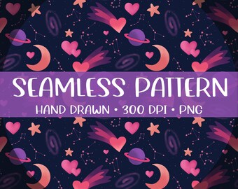 Motivo zodiacale senza soluzione di continuità con cuori cosmici / Carta digitale per San Valentino (PNG)