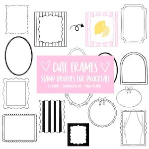 May include: A collection of fifteen hand-drawn digital stamp brushes for Procreate featuring various frame shapes including ovals, rectangles, and arches. A central pink rectangular label displays the text CUTE FRAMES STAMP BRUSHES FOR PROCREATE.