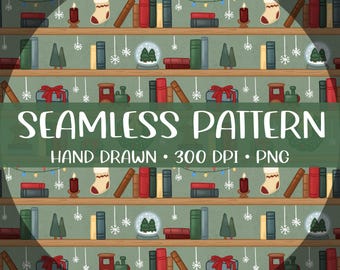 Modello senza cuciture natalizio libresco / Scaffale per le feste PNG (download digitale)