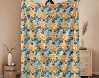 Orange Cinnamon Christmas Blanket, Velveteen Winter Throw