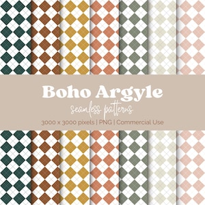 May include: A collection of seamless patterns with a Boho Argyle design. The patterns feature a repeating diamond grid in various colors, including green, brown, yellow, and peach. The image includes the text "Boho Argyle seamless patterns".