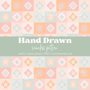 May include: A hand-drawn, seamless pattern with a repeating design of floral motifs within diamond shapes. The colour palette features soft pastel shades of pink, peach, and mint green. The image also includes the text "Hand Drawn seamless pattern".