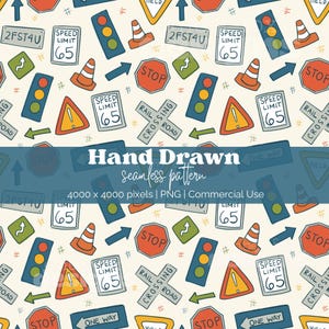 Patrón de tráfico continuo, ilustración de señales de tráfico, diseño de transporte infantil, coches y señales de calle, descarga digital dibujada a mano
