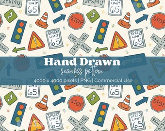 Schema di traffico senza soluzione di continuità, illustrazione di segnali stradali, design di trasporti per bambini, auto e segnali stradali, download digitale disegnato a mano