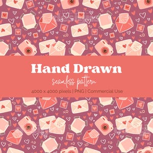 May include: A seamless pattern featuring hand-drawn illustrations of envelopes, cameras, and hearts in shades of pink and white on a dark purple background. The text "Hand Drawn seamless pattern" is displayed in a coral-colored banner.