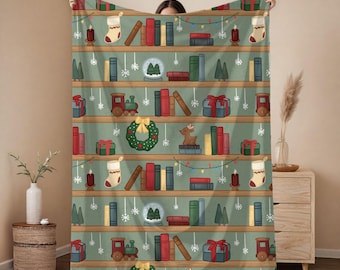 Christmas Bookshelf Blanket, Velveteen Holiday Reading Throw