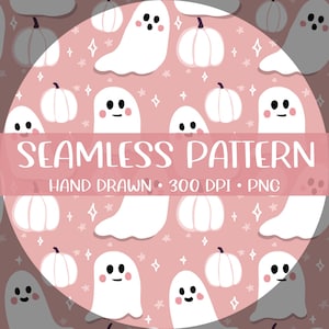 Niedliches Geist & Kürbis Muster - Digital Papier, Kawaii Herbst Hintergrund, Pastell Gruseliges Scrapbook Design