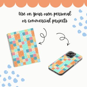 May include: A spiral-bound notebook and a phone case, both featuring a patchwork design in shades of orange, blue, pink, and yellow. The text "Use on your own personal or commercial projects" is displayed at the top.