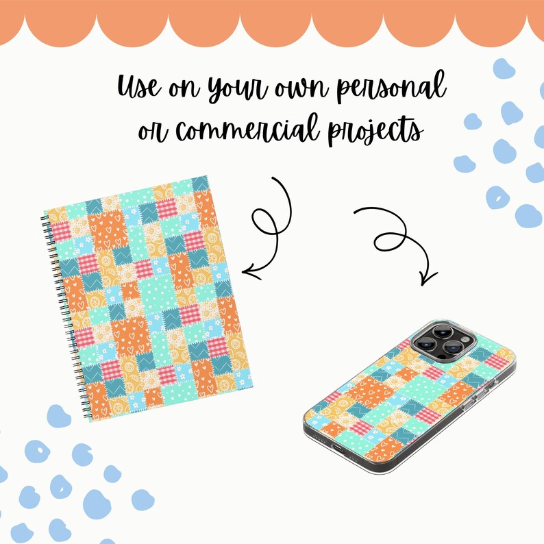 May include: A spiral-bound notebook and a phone case, both featuring a patchwork design in shades of orange, blue, pink, and yellow. The text "Use on your own personal or commercial projects" is displayed at the top.