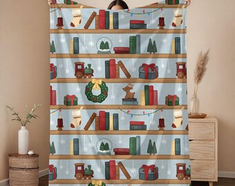 Christmas Bookshelf Blanket, Book Lover Holiday Throw