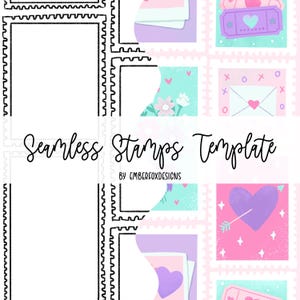 May include: A digital seamless stamps template featuring a grid of postage stamp outlines. The design includes black and white line art frames alongside colorful squares with illustrations of hearts, envelopes, and tickets. Text reads Seamless Stamps Template by Emberfoxdesigns.