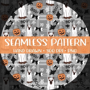Puede incluir: Patrón de Halloween sin costuras con fantasmas, calabazas, murciélagos y lazos en forma de hueso sobre un fondo de cuadros grises. La palabra "BOO!" se repite. También está presente el texto "SEAMLESS PATTERN HAND DRAWN 300 DPI PNG".