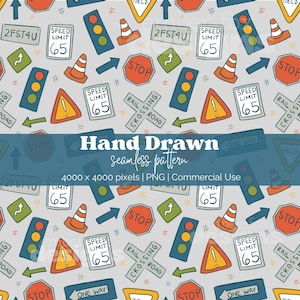 Patrón sin costuras de señales de tráfico infantiles, diseño de semáforo, temática de transporte para niños, ilustración de señales de calle, descarga digital.