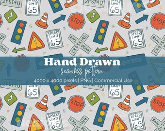 Motivo senza soluzione di continuità per segnali stradali, design semaforico, tema trasporti per ragazzi, illustrazione di segnali stradali, download di modello digitale