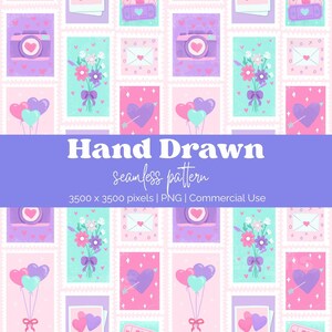 May include: A repeating pattern featuring various Valentine's Day themed illustrations. The design includes cameras, bouquets, envelopes, and heart-shaped balloons in shades of pink, purple, and teal. The text "Hand Drawn seamless pattern" is also present.