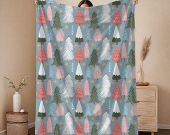 Whimsical Christmas Tree Fleece Blanket, Pastel Holiday Decor