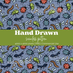 May include: A hand-drawn seamless pattern featuring various insects like ladybugs, ants, beetles, dragonflies, and centipedes in a repeating design. The insects are in shades of green, red, blue, and black on a light blue background. The text "Hand Drawn seamless pattern" is also present.