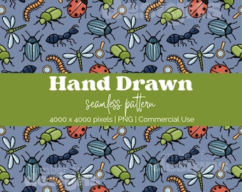 Motivo senza cuciture con insetti blu, design con motivi di insetti, design per tessuti per bambini, illustrazione scientifica di insetti, motivo esploratore per bambini