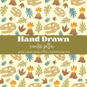 May include: A hand-drawn seamless pattern featuring dinosaur skulls, footprints, volcanoes, and foliage in shades of tan, brown, blue, and orange. The text "Hand Drawn seamless pattern" is displayed in a banner across the image. The image is 4000 x 4000 pixels.