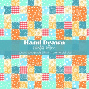 Sömlöst mönster med sommarlapptäcke | Ljus fuskquiltdesign | Digitalt papper PNG | Bright Cottagecore