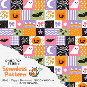 Preppy Halloween-lapptäckemönster | Spöklikt fusktäcke sömlös design | Digital nedladdning PNG