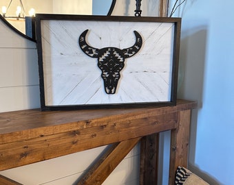 Aztec Bull Skull Wall Art, Southwestern Boho Wood Decor, Cow Skull Wood Wall Decor