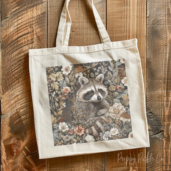 Cottagecore Raccoon Tote Bag, Botanical Floral Tote Bag, Mystical Racoon Tote Bag, Celestial Animal Tote Bag, Cottage Core Accessories