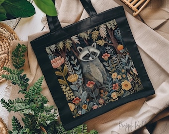 Cottagecore Raccoon Tote Bag,Botanical Floral Tote Bag, Mystical Racoon Tote Bag, Celestial Animal Tote Bag,Fairycore Goblincore Accessories