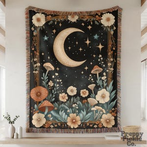Crescent Moon Woven Throw, William Morris Inspired Plush Blanket Moody Botanical Wall Hanging, Cottagecore Gift for Her Dark Academia Decor