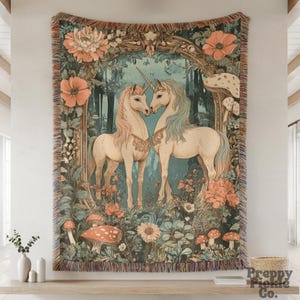 Medieval Unicorn Woven Blanket, Fairytale Lover Gift, Cottagecore Fantasy Inspired Tapestry, Magical Animal Decor, Moon Aesthetic Throw