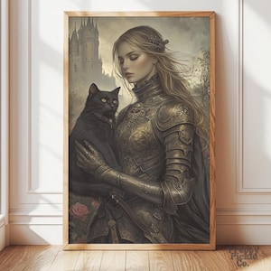 Medieval Lady Knight With A Cat Wall Art, Fantasy Maximalist Home Decor, Moody Victorian Posters, Goth Knightcore Print, Printed and Shipped