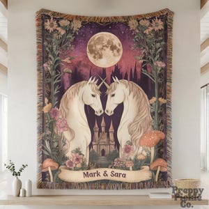 Personalized Unicorn Couple Woven Throw, Custom Girlfriend Boyfriend Name Blanket, Fantasy Keepsake Gift, Mr and Mrs Housewarming Present