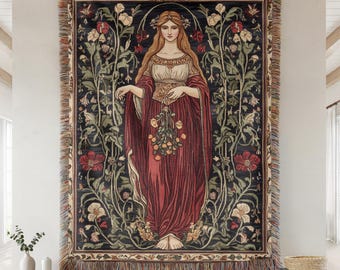 Manta tejida con flores de Perséfone, tapiz de diosa griega de estilo cottagecore, decoración del hogar, regalo vintage para amantes de la mitología, manta de felpa estética