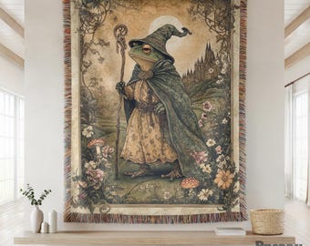 Wizard Frog Medieval Woven Throw, Magical Fantasy Home Decor Tapestry, Fairytale Inspired Decor, Cottagecore Fairycore Goblincore Tapestry