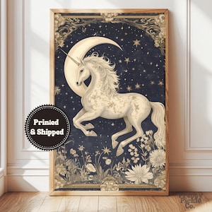 Vintage Unicorn Wall Art, Magical Fantasy Home Decor, Medieval Fairytale Poster, Dark Cottagecore Fairycore Gift, Printed and Shipped