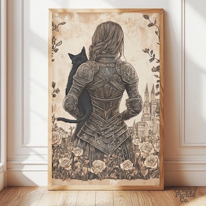 Medieval Lady Knight With A Cat Wall Art, Fantasy Maximalist Home Decor, Moody Victorian Posters, Goth Knightcore Print, Printed and Shipped