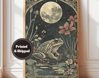 Vintage Frog Wall Print, Dark Cottagecore Poster, Moody Toad Decor, Goblincore Fairycore Art, Whimsigoth Celestial Gift, Printed and Shipped