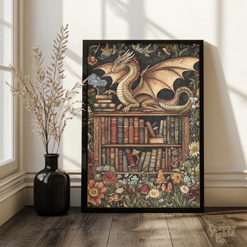 May include: A framed art print featuring a golden dragon perched atop a bookshelf filled with antique books. The artwork is surrounded by colorful flowers, mushrooms, and foliage, creating a whimsical fantasy scene. The dragon has large, detailed wings.
