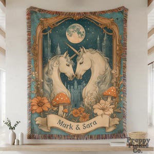 Personalized Unicorn Couple Woven Throw, Custom Girlfriend Boyfriend Name Blanket, Fantasy Keepsake Gift, Mr and Mrs Housewarming Present