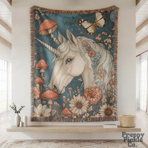 Medieval Unicorn Woven Blanket, Unicorn Lover Gift, Cottagecore Fairytale Inspired Tapestry, Magical Animal Decor, Aesthetic Plush Throw