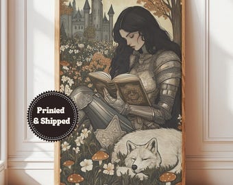 Lady Knight Reading Wall Art, Whimsical Decor, Moody Fairytale Aesthetic Posters, Light Academia Print, Bookworm Gift, Printed and Shipped