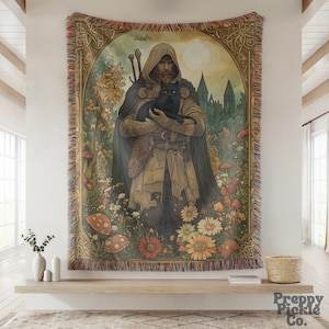 Medieval Knight Holding a Cat Blanket, Aesthetic Woven Throw, Fairytale Inspired Decor, Fairycore Goblincore Tapestry Mystical Fantasy Gift
