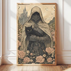 Medieval Knight and Black Cat Wall Art, Fantasy Maximalist Home Decor, Moody Victorian Posters, Goth Knightcore Print, Printed and Shipped
