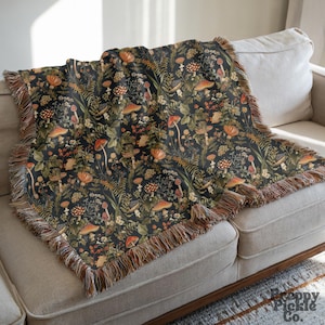 Vintage Black Woven Mushroom Blanket, Cottagecore Throw Gift for Mushroom Lover 100% Cotton Woven Blanket, Aesthetic Fringe Blanket Mom Gift