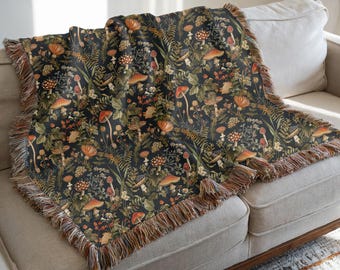 Vintage Black Woven Mushroom Blanket, Cottagecore Throw Gift for Mushroom Lover 100% Cotton Woven Blanket, Aesthetic Fringe Blanket Mom Gift
