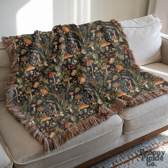 Vintage Black Woven Mushroom Blanket, Cottagecore Throw Gift for Mushroom Lover 100% Cotton Woven Blanket, Aesthetic Fringe Blanket Mom Gift
