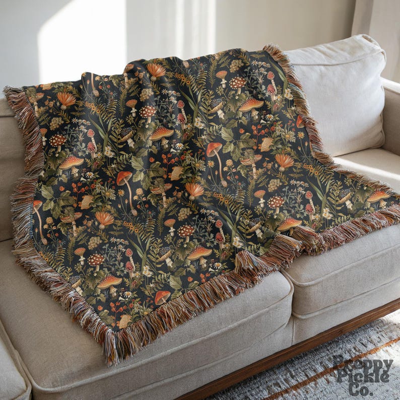 Vintage Black Woven Mushroom Blanket, Cottagecore Throw Gift for Mushroom Lover 100% Cotton Woven Blanket, Aesthetic Fringe Blanket Mom Gift image 1