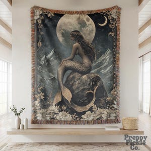 Vintage Mermaid Woven Blanket, Dark Academia Wall Hanging Tapestry, Moody Cottagecore Decor Mermaid Lover Aesthetic Plush Throw Ocean Gifts