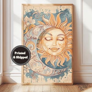 Celestial Wall Art, Sun and Moon Home Decor, Night Sky Whimsigoth Poster, Vintage Bohemian Print, Boho Home Decor Gift, Printed and Shipped